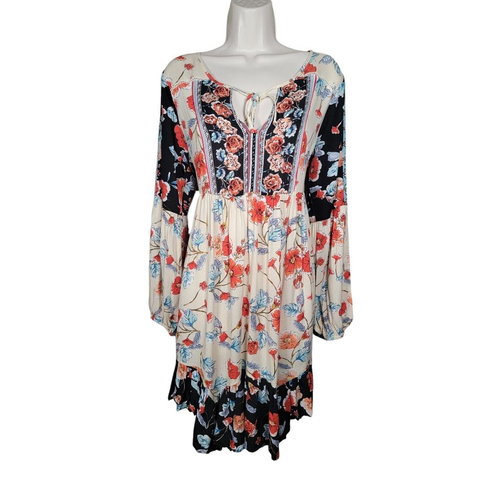 Anthropologie Patrons of Peace Size Medium‎ Black Red Floral Tunic Dress Boho